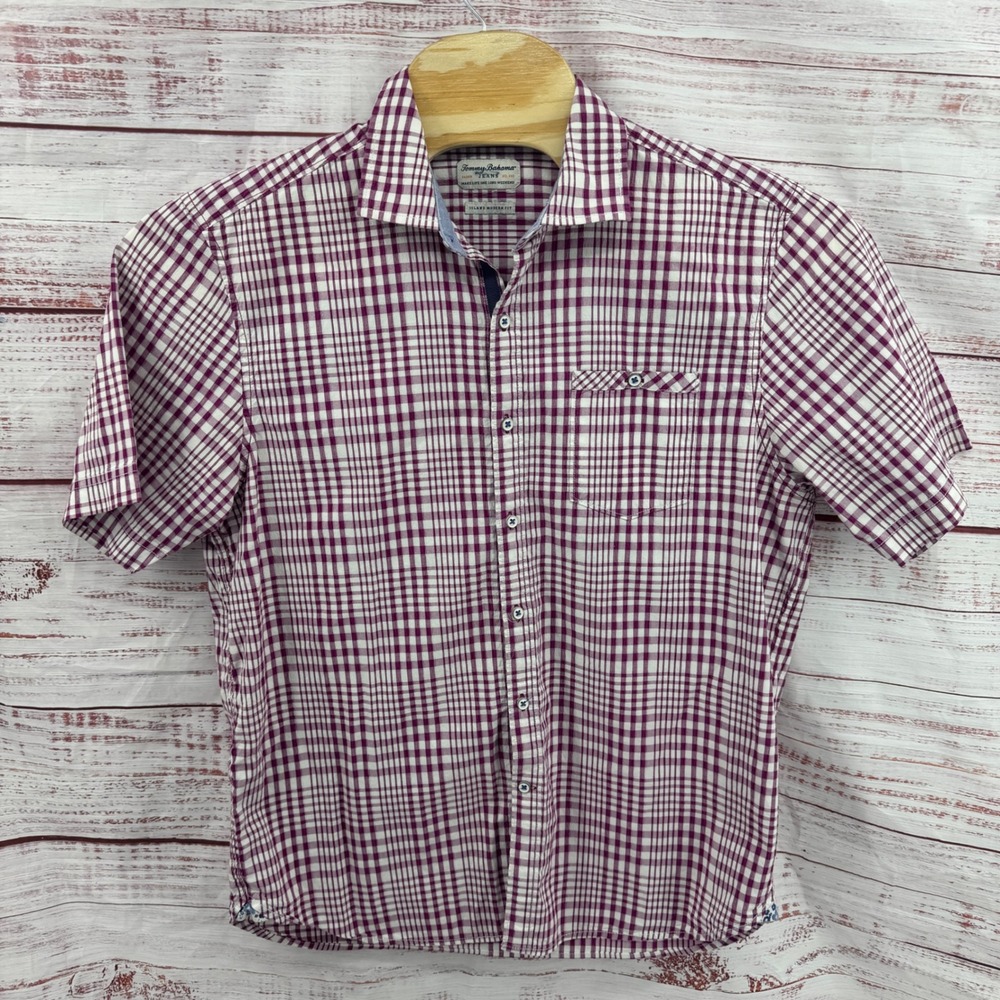 Tommy‎ Bahama Jeans Shirt Mens Large Island Modern Fit Purple Plaid Short Sleeve